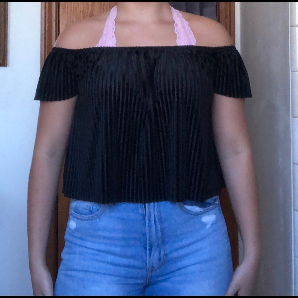 Off the shoulder velvety striped top